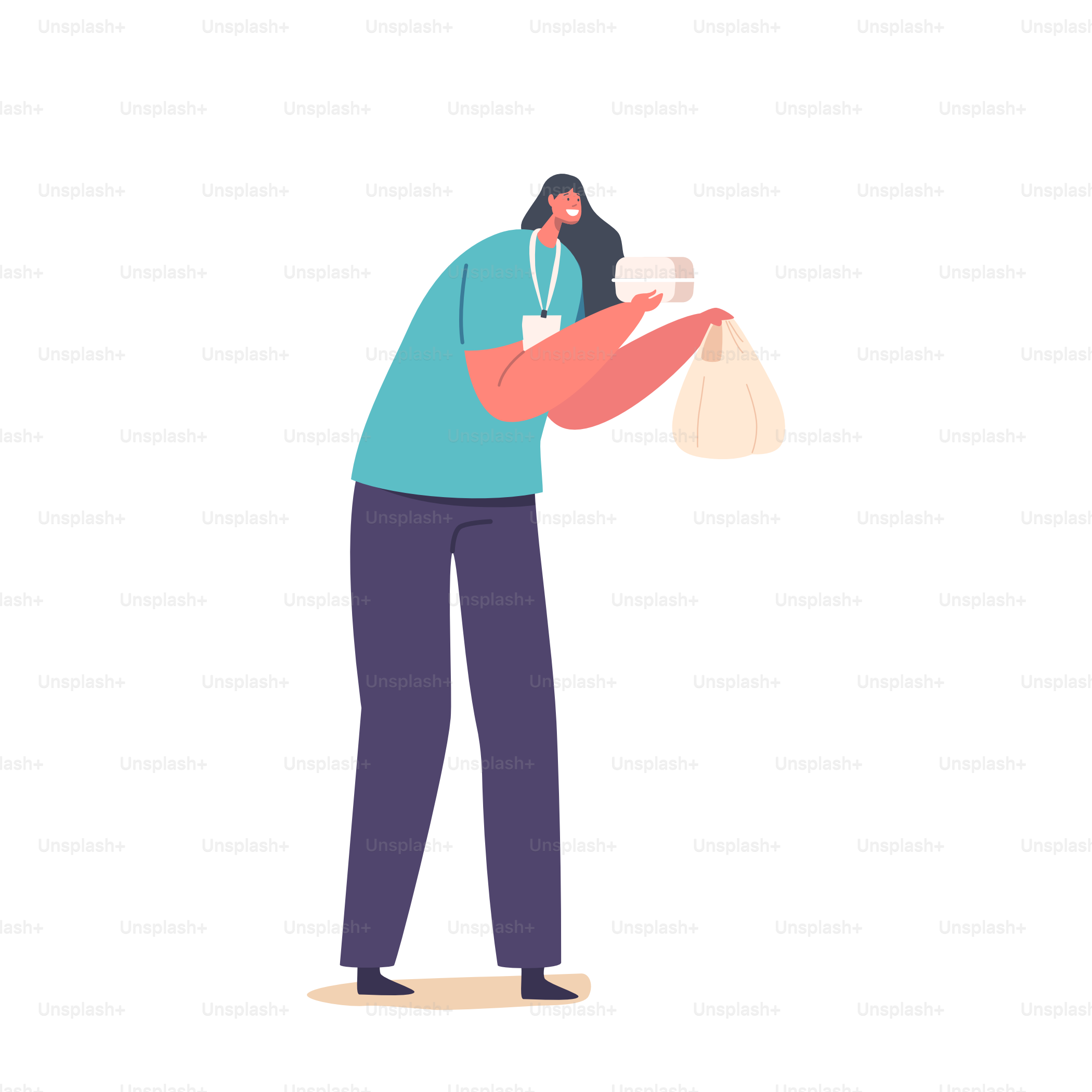 Freiwillige weibliche Charaktere tragen Uniform und Wohltätigkeitsabzeichen und halten Essen für arme Menschen, die isoliert auf weißem Hintergrund sind. Frau als Mitglied der Volunteering Foundation. Cartoon People Vektorillustration