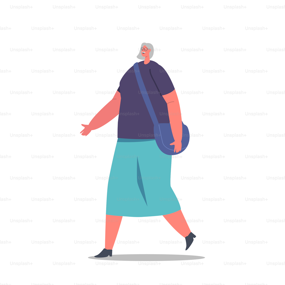 Les personnages féminins seniors portent un t-shirt, une jupe longue et un sac à bandoulière isolés sur fond blanc. Femme mature positive, grand-mère, personne heureuse au visage souriant. Illustration vectorielle de personnes de dessins animés