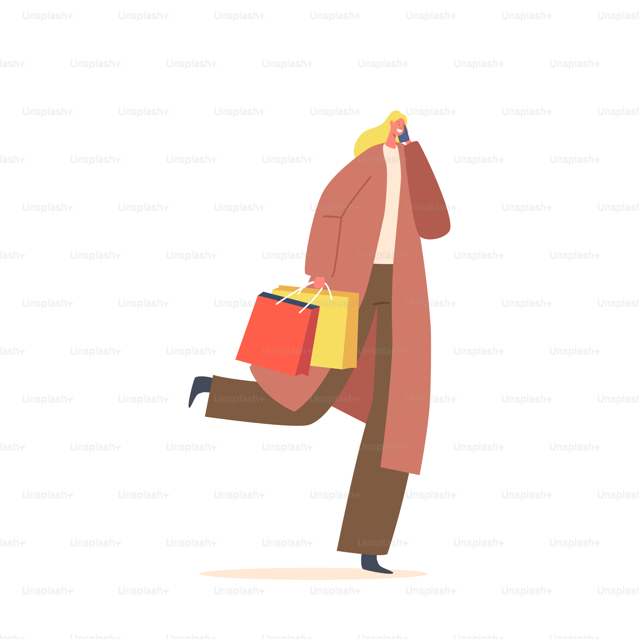 Cheerful Shopaholic Girl with Purchases in Colorful Paper Bags Speaking by Mobile Phone Isolated on White Background. Happy Woman in Coat Holding Shopping Packages. Cartoon Vector Illustration