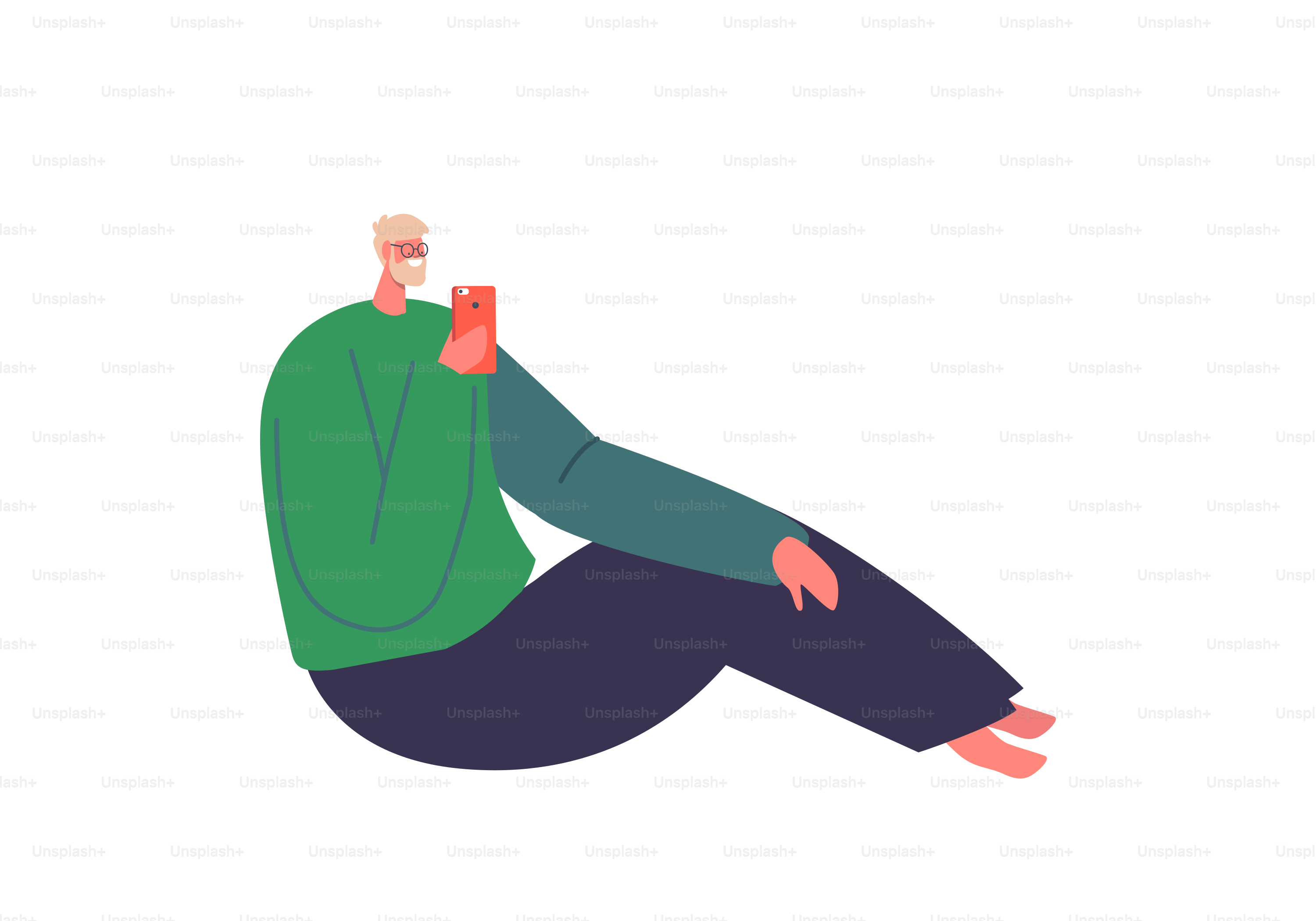 Concepto de adicción a los gadgets, insomnio, comunicación por Internet. Personaje masculino sentado con el teléfono aislado sobre fondo blanco. Hombre, relájate y charla con el móvil. Ilustración vectorial de personas de dibujos animados