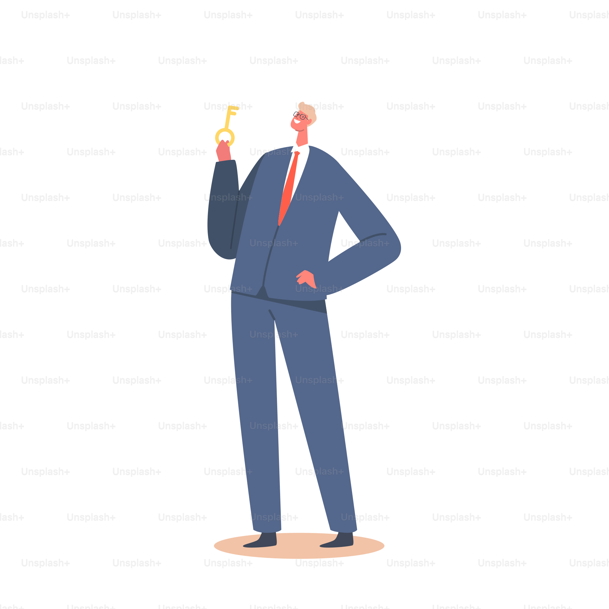 Businessman Holding Golden Key Isolated On White Background. Male Character Wear Formal Suit Posing with Arm Akimbo and Smiling. Way to Success, Data Protection. Cartoon People Vector Illustration