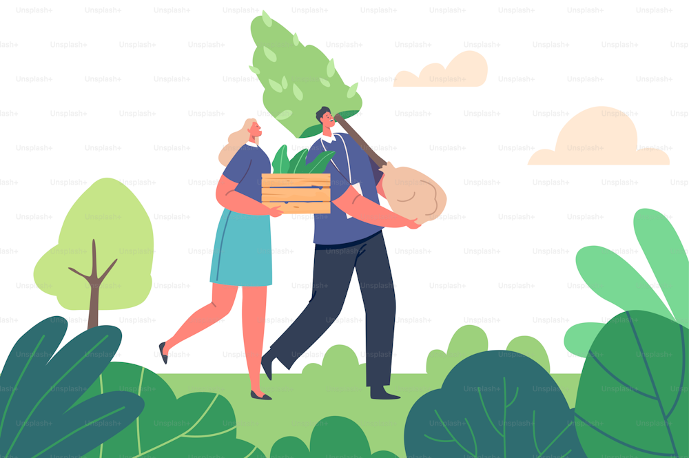 Revegetation, Forest Restoration, Reforestation and Planting Trees Concept. Volunteer Characters Growing Trees, Care of Green Plants, People Save Nature and Environment. Cartoon Vector Illustration