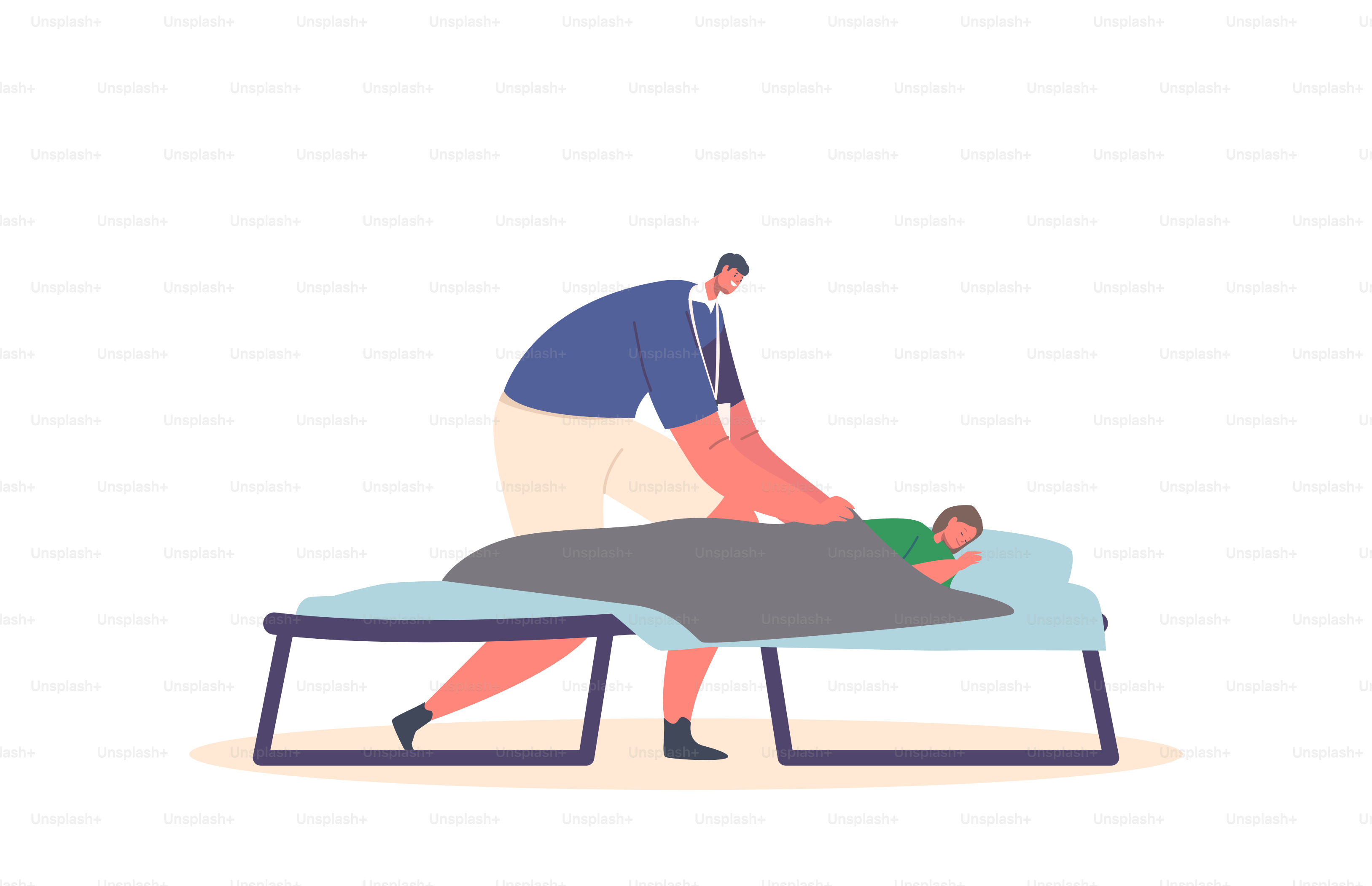 Volunteer Care of Refugee in Shelter Isolated on White Background. Character Cover with Blanket Girl Sleeping on Cot. Helper Assistance and Support in Temporary Residence. Cartoon Vector Illustration