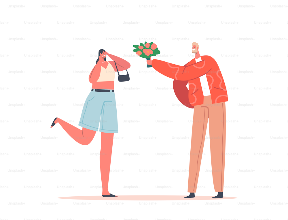 Young Couple Dating. Cute Embarrassed Girl Receive Bouquet of Beautiful Flowers from Boyfriend. Man Meet Up with Girlfriend. Love, Human Relations, Present, Romantic Date. Cartoon Vector Illustration