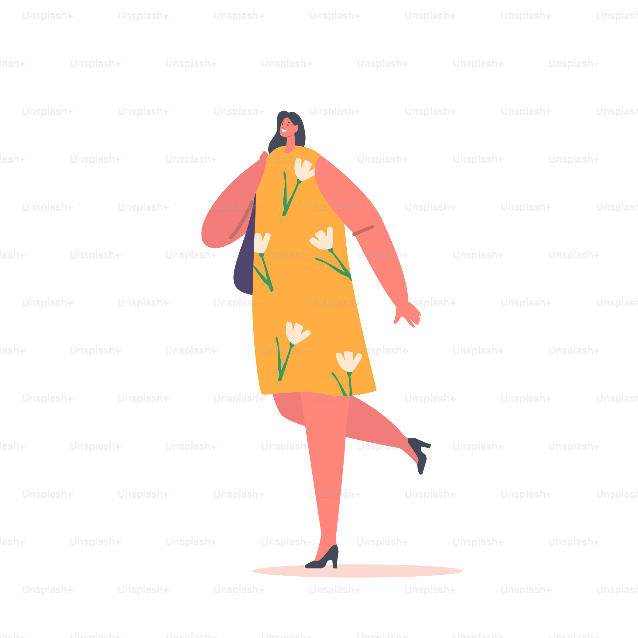 Ragazza alla moda con capelli castani indossa un vestito estivo con stampa floreale e una borsa isolata su sfondo bianco. Tendenza di moda per donne Stile, Donna con abiti alla moda. Illustrazione vettoriale di Personaggi dei Cartoni Animati