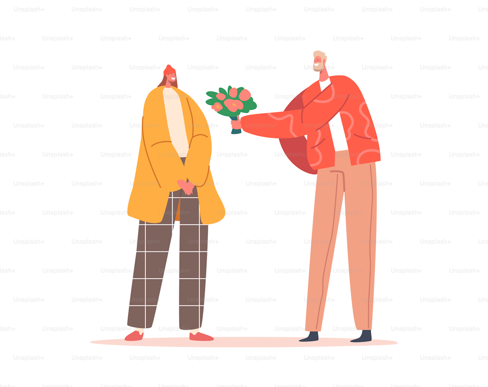 Petit ami donnant des fleurs à sa petite amie. Couple amour, rencontres, rencontre. L’homme donne un bouquet cadeau à une jolie fille surprise pour joyeux anniversaire, vacances de la Saint-Valentin. Illustration vectorielle de bande dessinée
