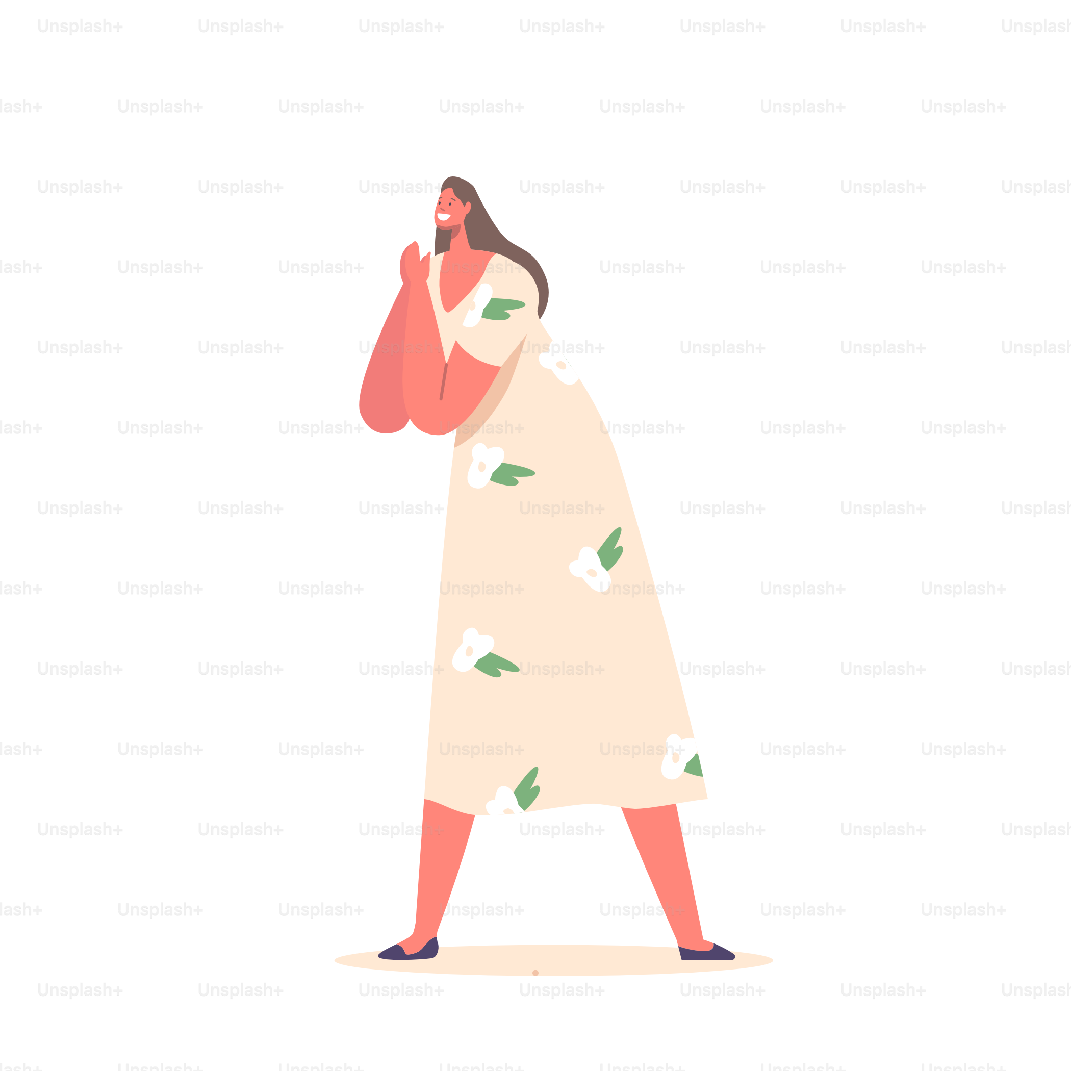 Donna alla moda che indossa abiti di moda, abito estivo lungo con stampa floreale. Giovane femmina con abiti casual moderni isolata su sfondo bianco. Illustrazione vettoriale di Personaggi dei Cartoni Animati