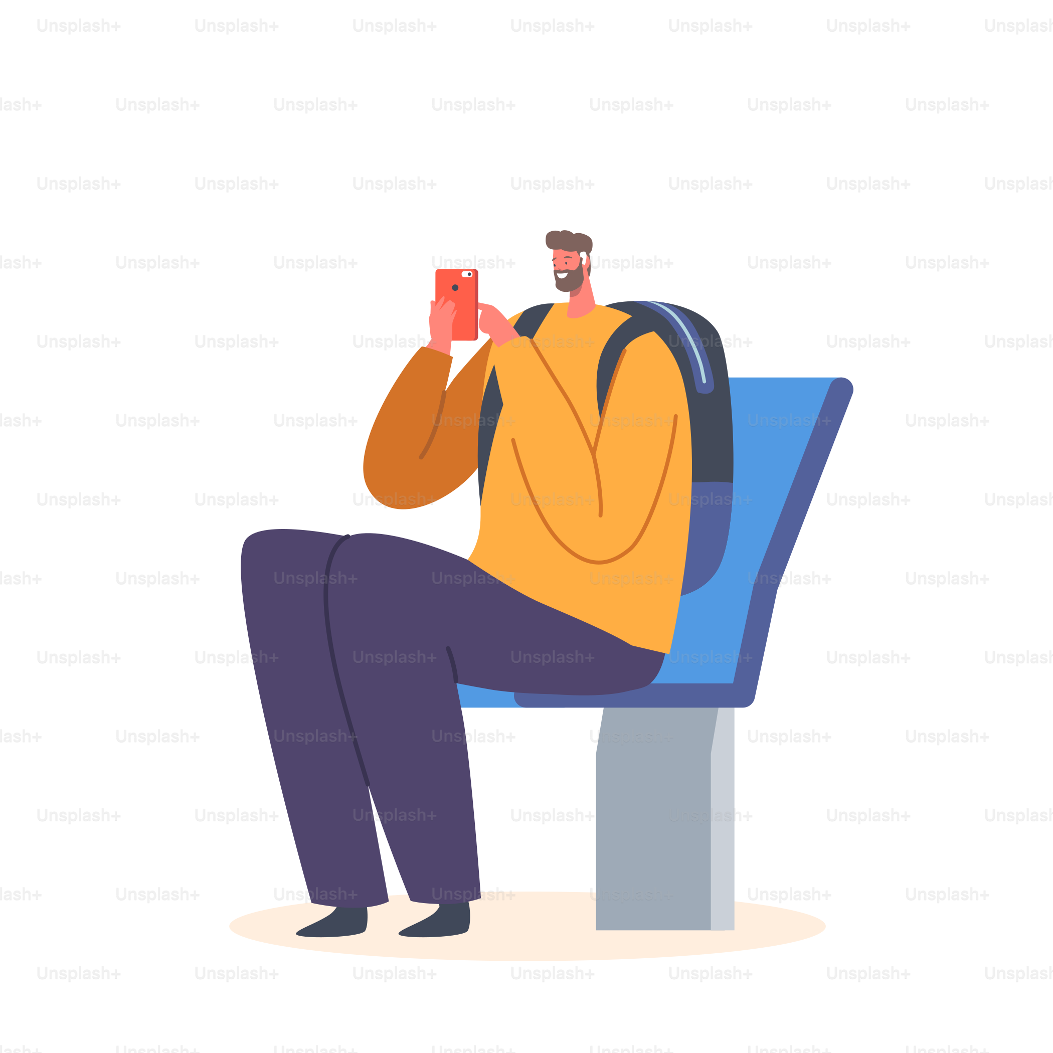 Reifer, bärtiger Mann mit Mobiltelefon sitzt auf einem Stuhl in der Metro oder im Bus. Lächelnder männlicher Charakter kommuniziert in Netzwerken per Smartphone isoliert auf weißem Hintergrund. Cartoon-Vektorillustration