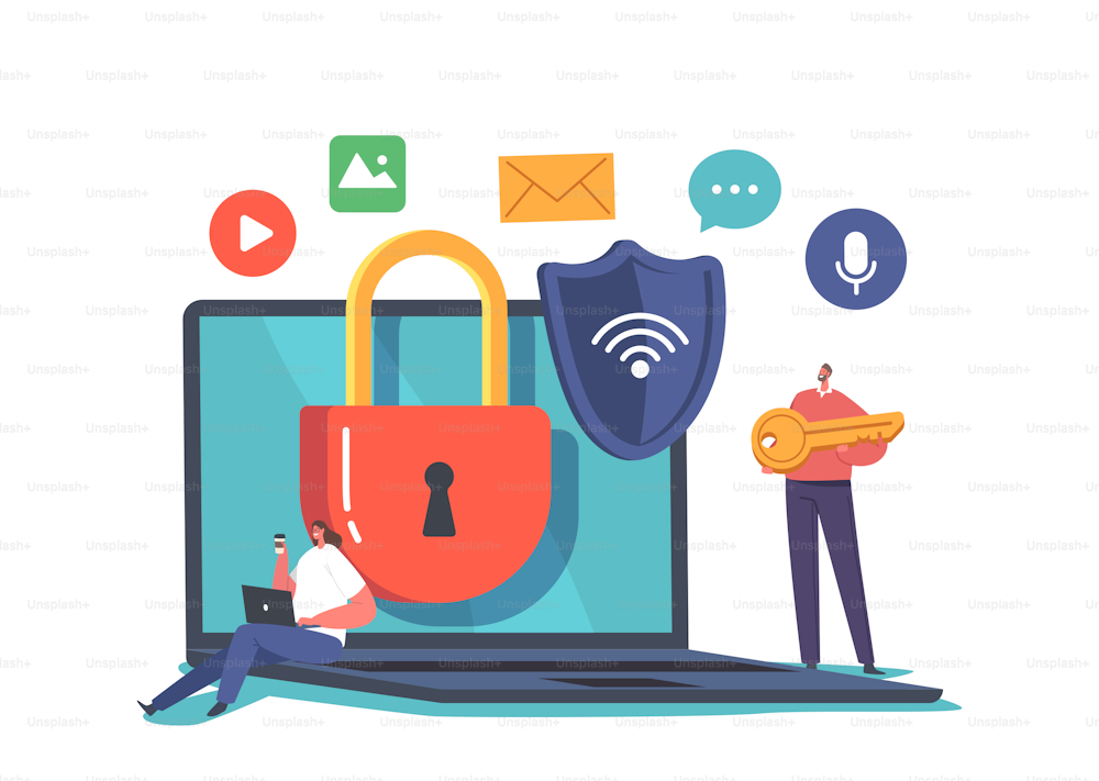 Personal Data Safety in Internet, Computer and Account Protection Concept. Characters Work on Computer with Protected Wifi Connection, Laptop with Padlock and Shield. Cartoon Vector Illustration