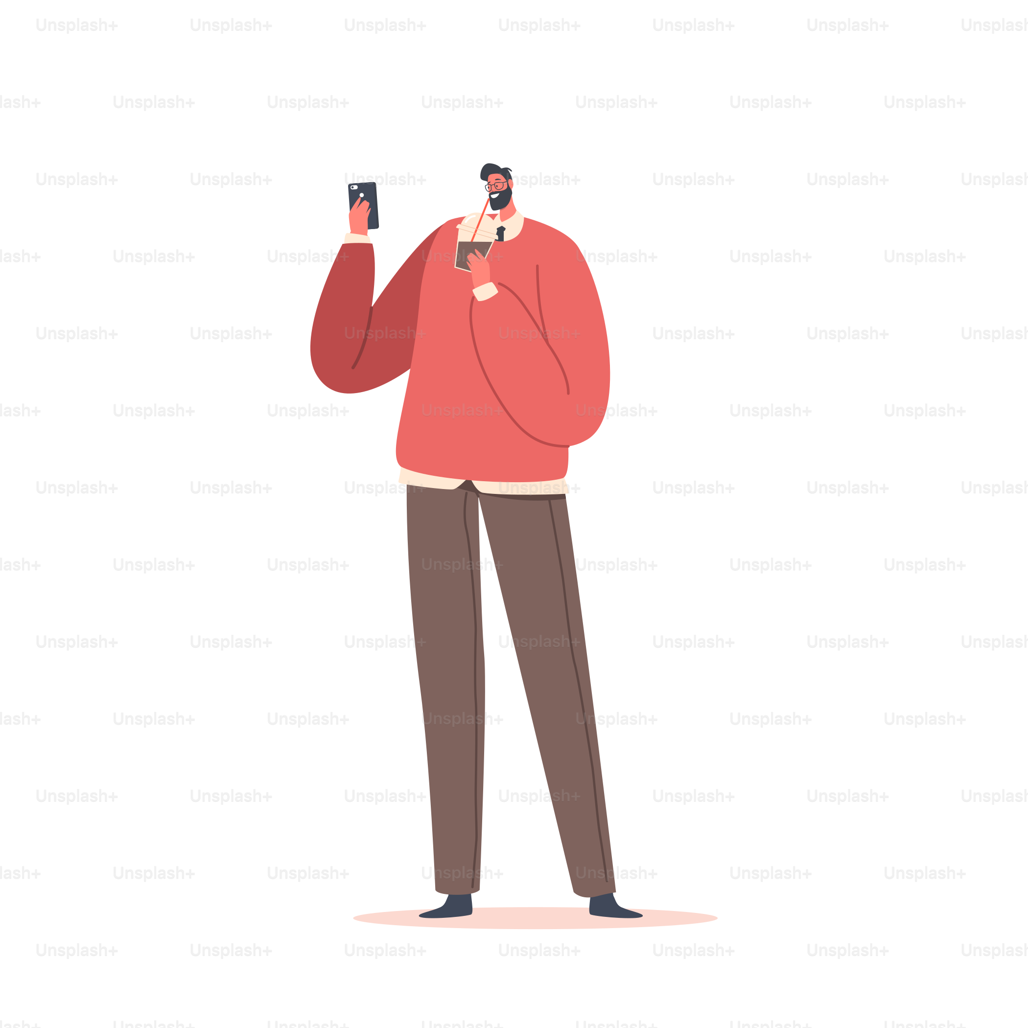 Businessman Drinking Coffee and Reading Message on Smartphone. Modern Male Character With Cup and Mobile Phone Refreshment, Break Relax Isolated On White Background. Cartoon People Vector Illustration