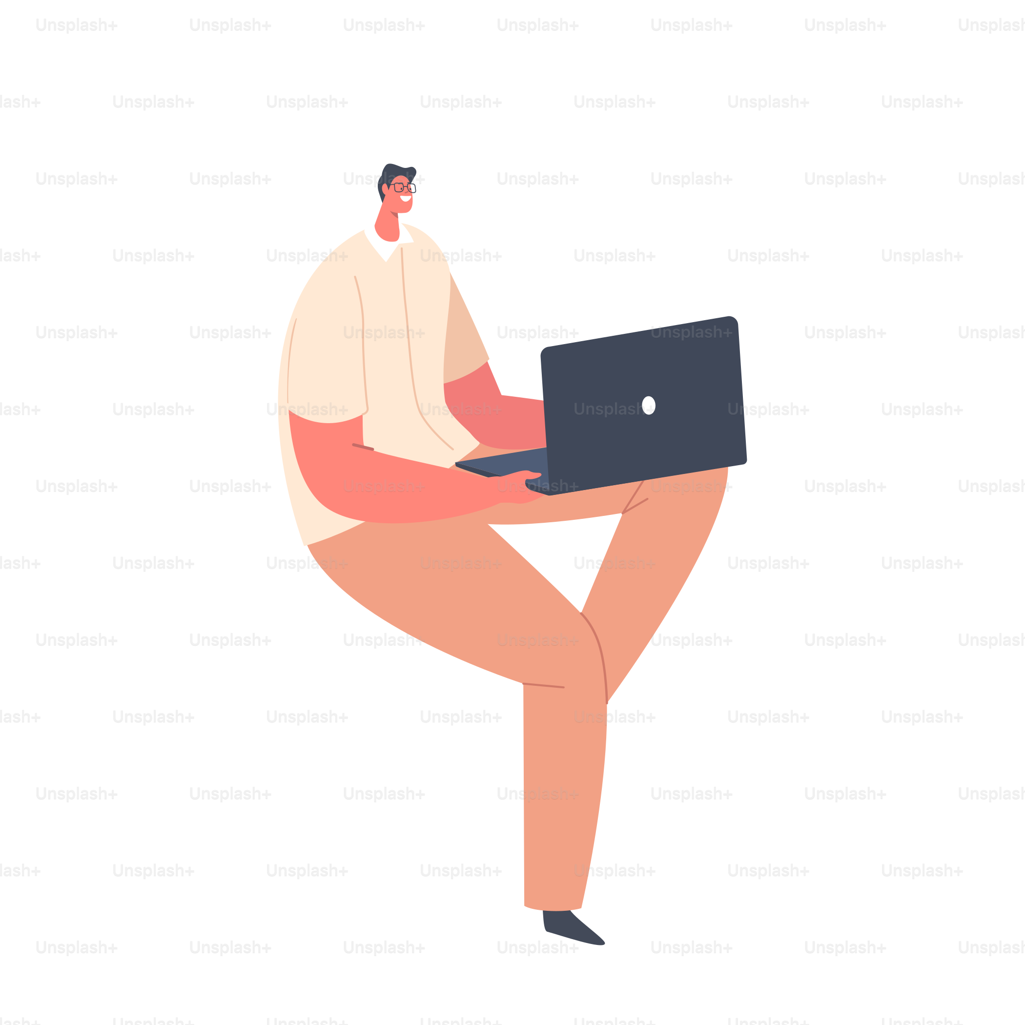 Male Character Work on Laptop Isolated on White Background. Man Freelancer or Outsourced Employee Work on Computer, Watch Movie, Student Distance Education, Communication. Cartoon Vector Illustration