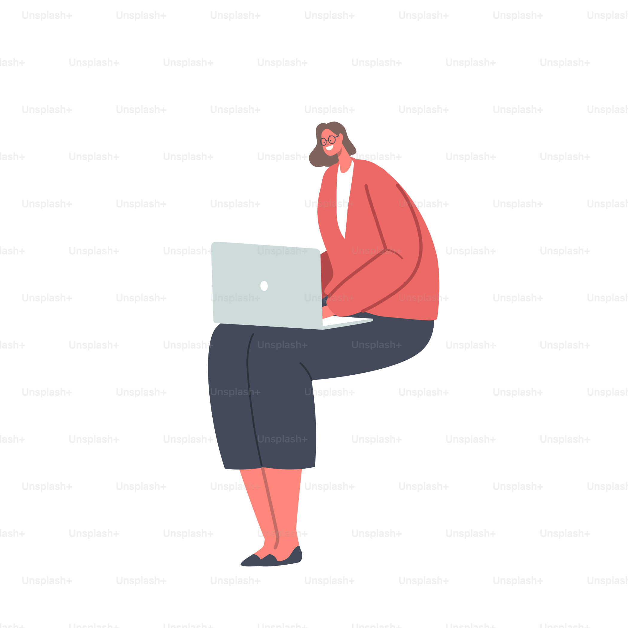 Female Character Work on Laptop Isolated on White Background. Woman Freelancer , Office Manger or Student Work on Computer, Watch Movie, Distance Education, Communication. Cartoon Vector Illustration