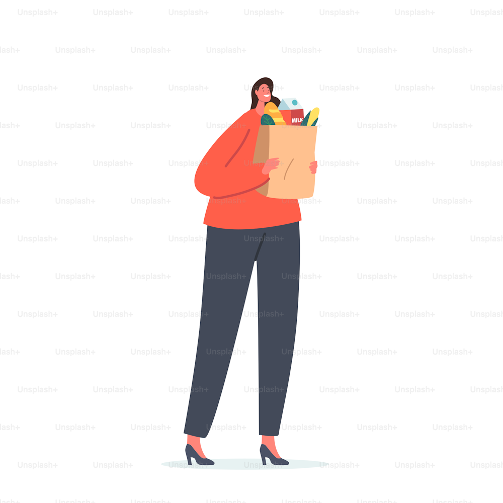 Woman Holding Paper Package with Food, Purchase Products in Market Store. Customer Female Character with Eco Bag in Hands Visiting Grocery or Supermarket for Buying Goods. Cartoon Vector Illustration