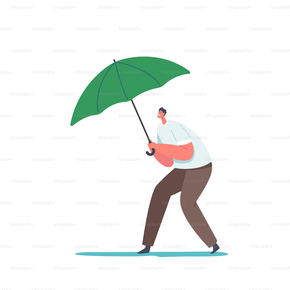 Business Man Holding Umbrella. Concept of Rain, Autumn Weather, Insurance Protection, Cyber Attack Security, Secure Investment. Male Character Isolated on White Background. Cartoon Vector Illustration
