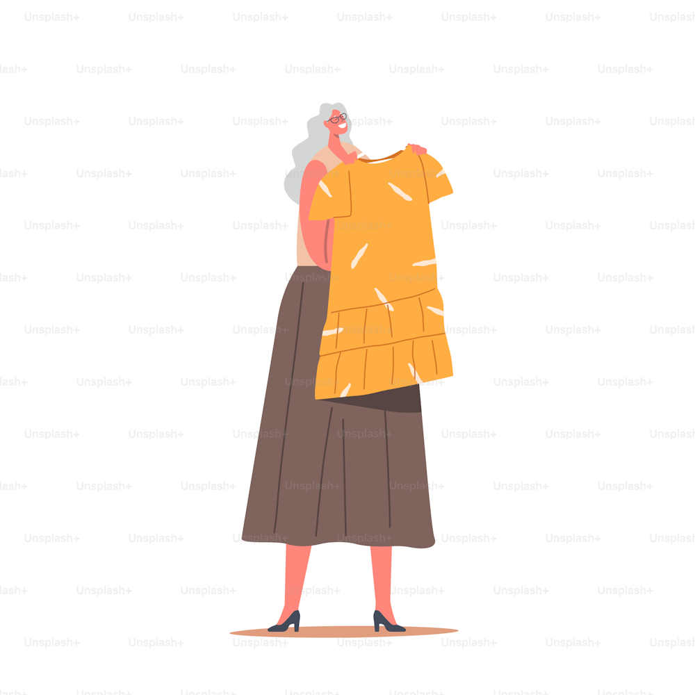Aged Female Character Shopping, Seasonal Sale, Discount Isolated on White Background. Senior Shopaholic Woman Purchase Clothes in Outlet. Happy Old Woman Shopping. Cartoon People Vector Illustration