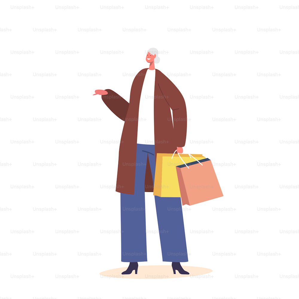 Single Senior Female Character Wear Trendy Clothes Holding Shopping Bags Isolated on White Background. Mature Positive Woman, Grandmother, Aged Happy Person. Cartoon People Vector Illustration
