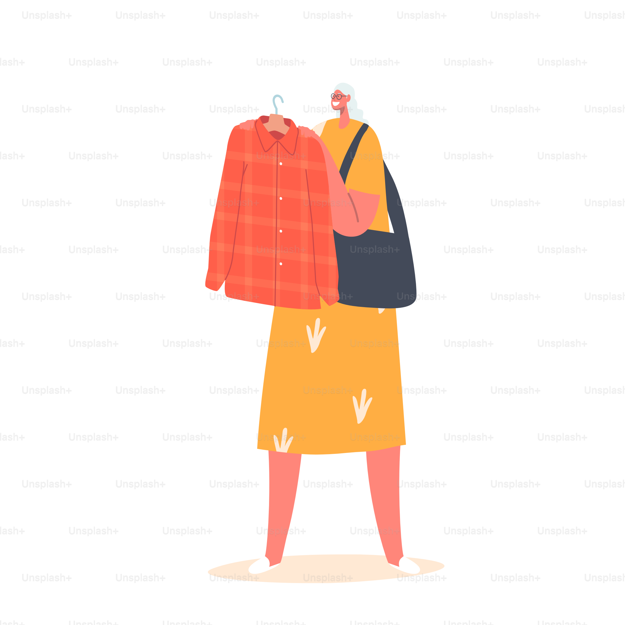 Mujer mayor comprando ropa en un outlet de marca de moda. Feliz tiempo libre para una mujer adicta a las compras. Venta estacional de personajes envejecidos, descuento aislado sobre fondo blanco. Ilustración vectorial de personas de dibujos animados
