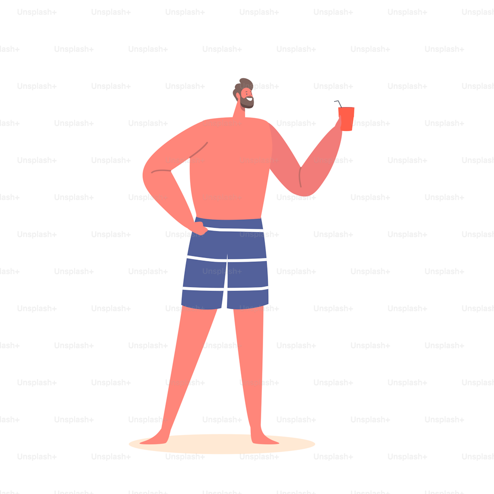 Sommerurlaub, Ferien und Sommererholungskonzept. Junge männliche Figur, die ein Cocktailglas in den Händen hält, am tropischen Sommerstrand, isoliert auf weißem Hintergrund. Cartoon-Vektor-Illustration