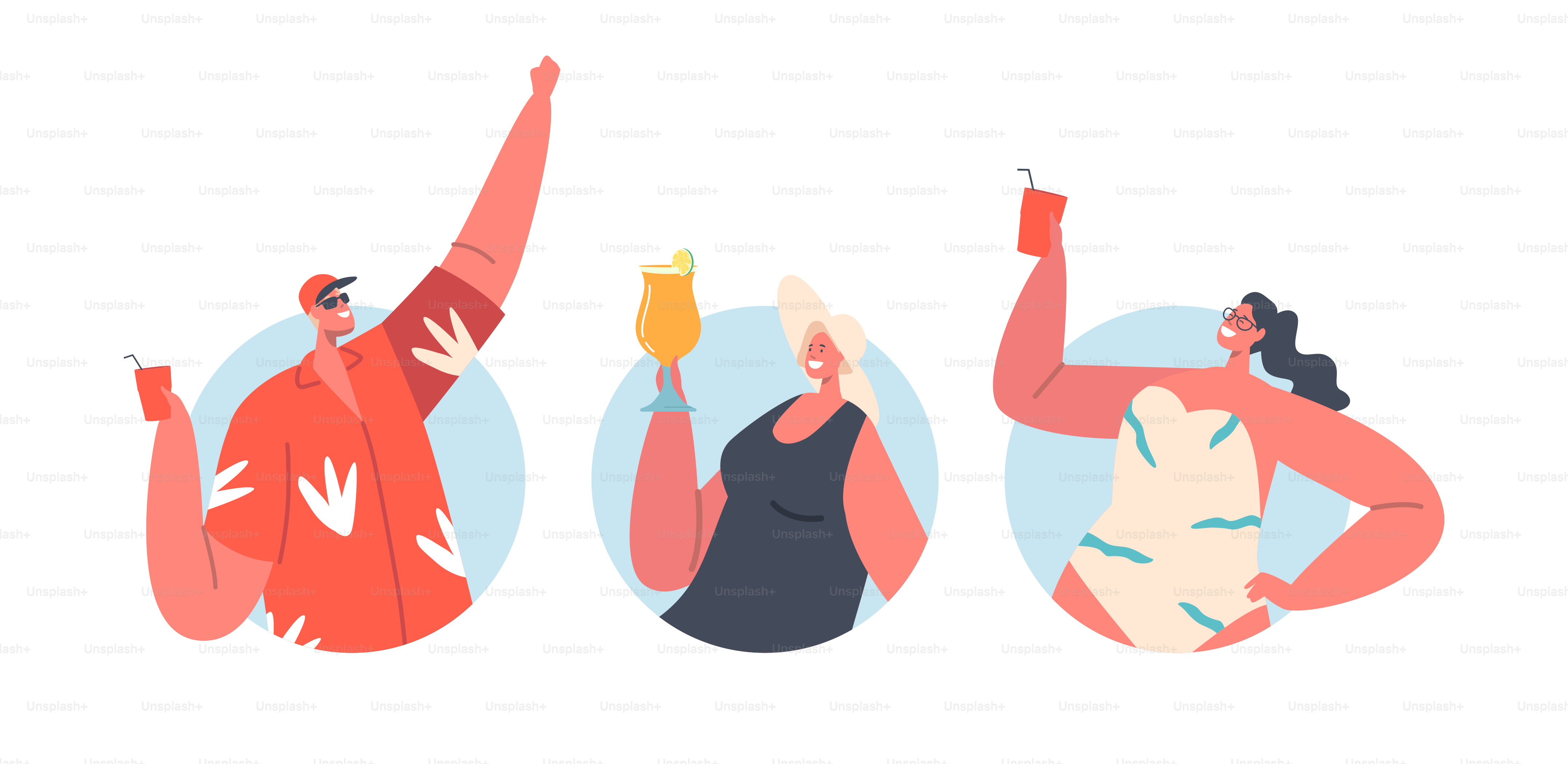 Male and Female Character Wear Swimming Suits Drinking Fresh Cocktails Isolated Round Icons or Avatars. Young People Relaxing at Swimming Pool or Sea Beach. Drink Alcohol. Cartoon Vector Illustration