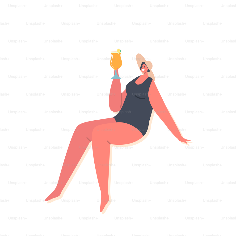 Young Woman Lounging, Drinking Cocktail Isolated on White Background. Girl Tourist Character in Swimsuit Relaxing on Poolside or Beach Resort at Summer Time Vacation. Cartoon Vector Illustration
