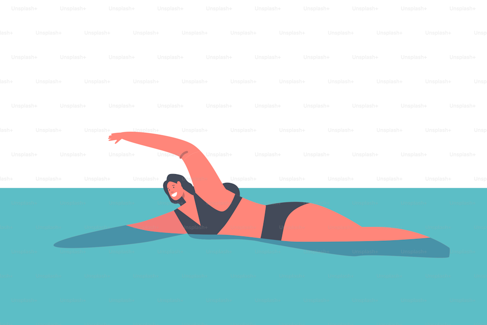 Happy Female Character Swimming Pool, Relax in Ocean or Sea on Summer Holidays, Girl in Swimsuit Enjoying Vacation or Resort, Hotel or Sport Center. Relaxation, Water Activity. Vector Illustration