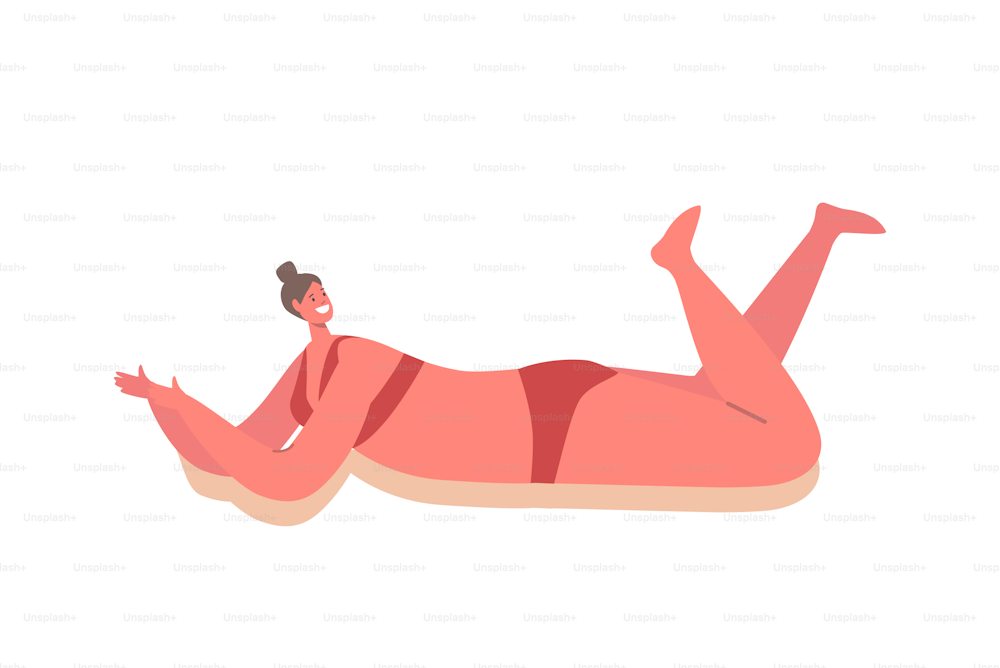 Mujer bronceada, chica usar bikini tumbarse y descansar bajo los rayos del sol relajarse en la playa del mar en las vacaciones de verano. Personaje femenino turístico Relájese en el balneario. Ilustración vectorial de dibujos animados
