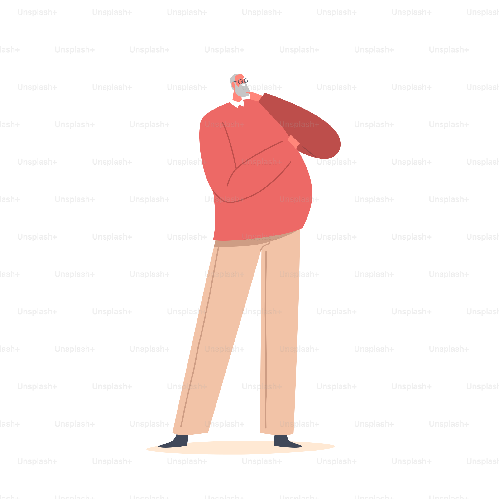 Single Senior Male Character Wear Red Sweater Isolated on White Background. Mature Positive Man, Grandfather, Aged Happy Person Gesturing with Hands. Cartoon People Vector Illustration