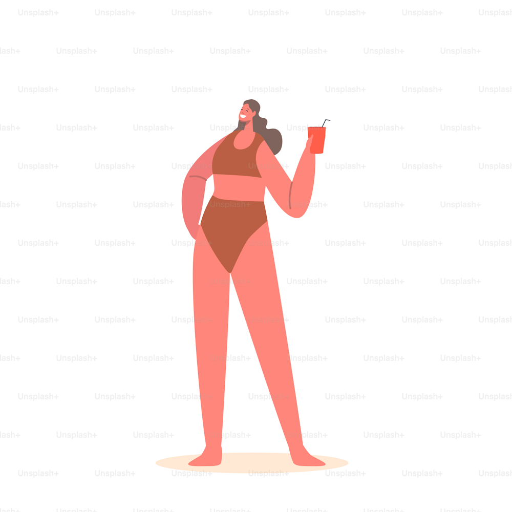 Young Woman Relax on Resort, Female Character in Bikini Holding Cocktail Glass Isolated on White Background. Girl Spend Time at Poolside or Beach Party, Spare Time Leisure. Cartoon Vector Illustration