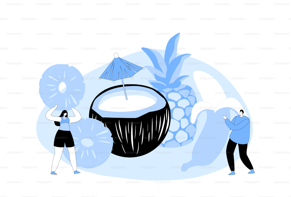 Fortified Nutrition, Fruits Salad Tropical Resort. Tiny Man Holding Peeled Banana, Woman with Pineapple near Huge Coconut with Umbrella, Vegetarian Healthy Food, Cartoon Flat Vector Illustration