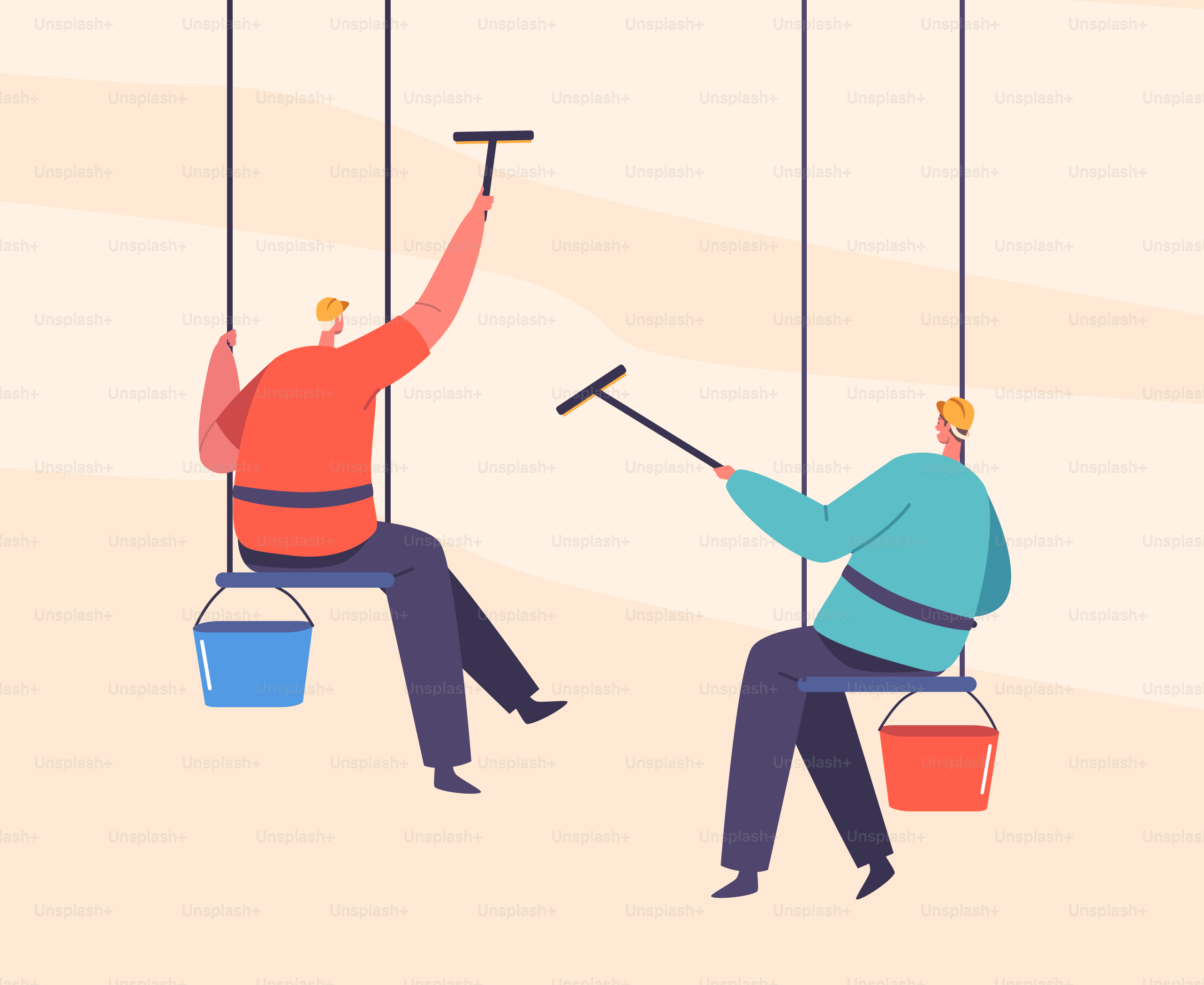 Washers Male Characters Wear Overalls Uniform Washing Window with Wiper Hanging on Ropes. Men Professional Employees of Cleaning Company Working Process Cleaning Service. Cartoon Vector Illustration