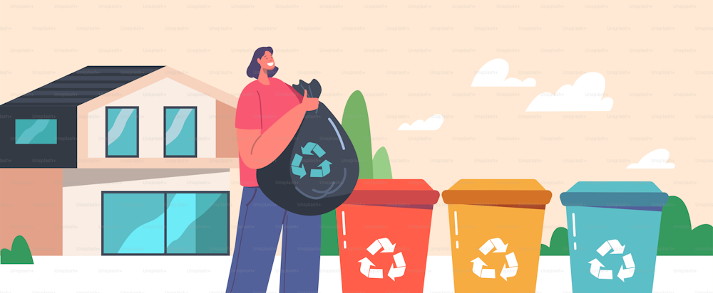 Une femme jette des ordures dans un conteneur de poubelle avec un panneau de recyclage. Protection écologique du caractère féminin éco-activiste, solution de réutilisation du plastique, concept de processus de nettoyage. Illustration vectorielle de bande dessinée
