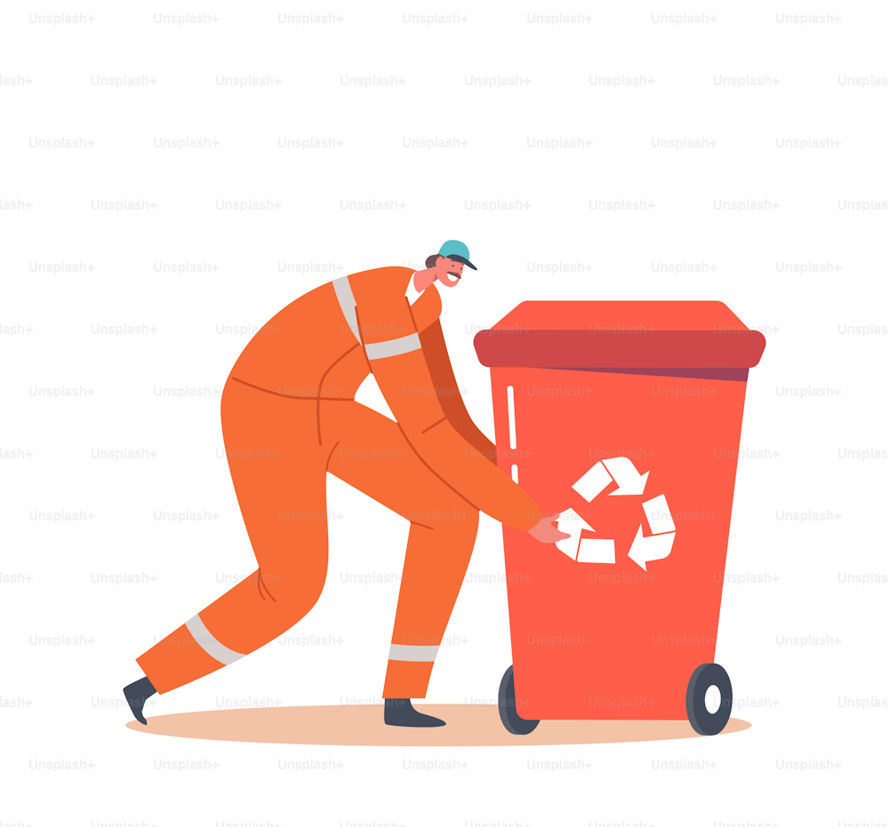 Cleaning Service Concept. Janitor Male Character in Orange Uniform with Recycling Litter Bin. Street Cleaner Collect Trash and Garbage in City, People Sorting Wastes. Cartoon Vector Illustration
