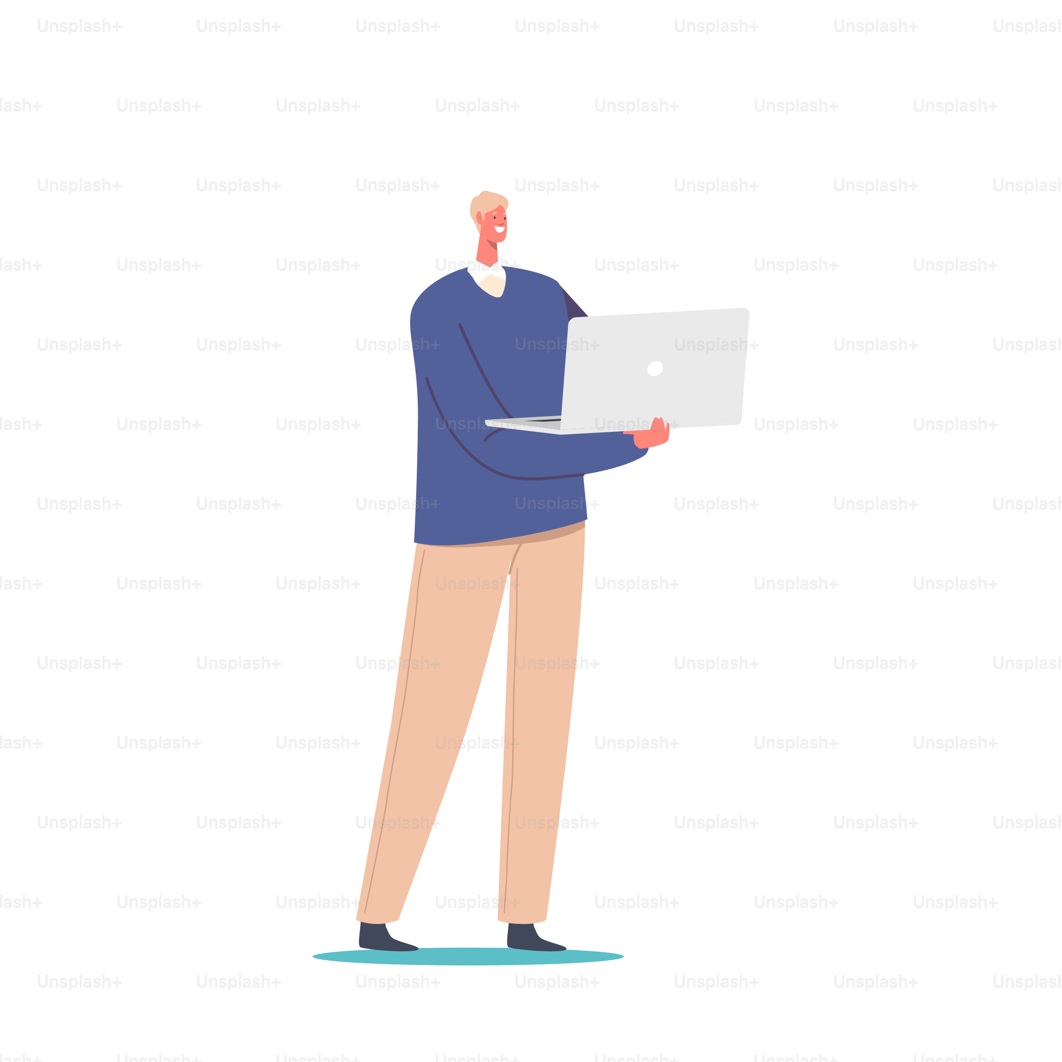 Male Character Standing with Laptop in Hands Isolated on White Background. Freelancer, Programmer, Coder. Designer or Analyst Working Process, Student Online Education. Cartoon Vector Illustration