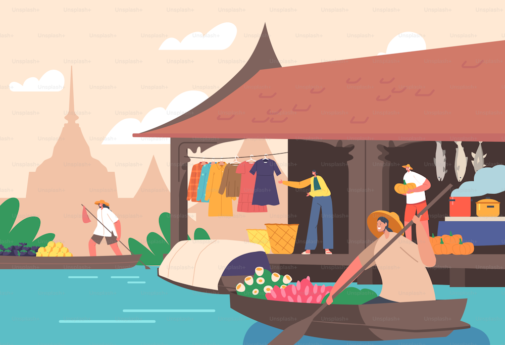 As pessoas vendem e compram mercadorias no mercado flutuante na Tailândia. Personagens masculinos e femininos que se deslocam em barcos pelo rio oferecem frutas, flores ou roupas aos clientes. Ilustração vetorial dos desenhos animados