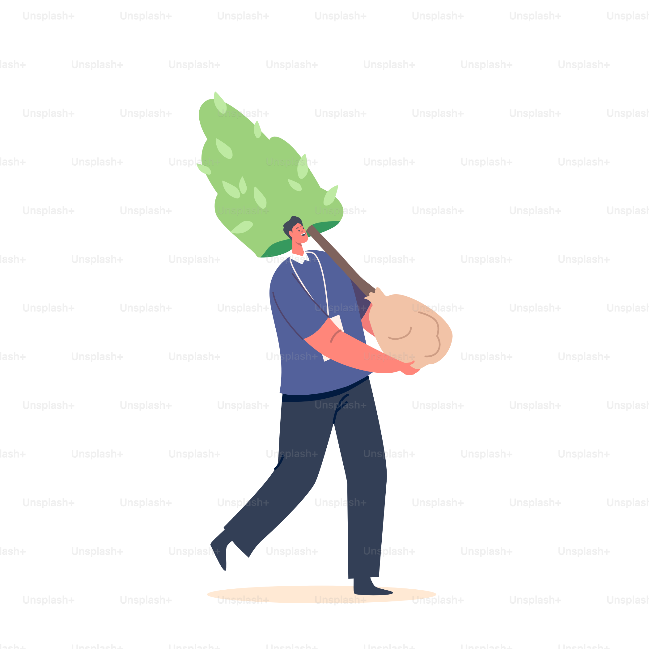 Tragen Sie den Baum zum Pflanzen in isolierter Erde auf weißem Grund. Öko-Aktivist, männlicher Charakter, der die Natur rettet, Umweltschutz und das Tag der Erde-Konzeption. Cartoon People Vektorillustration