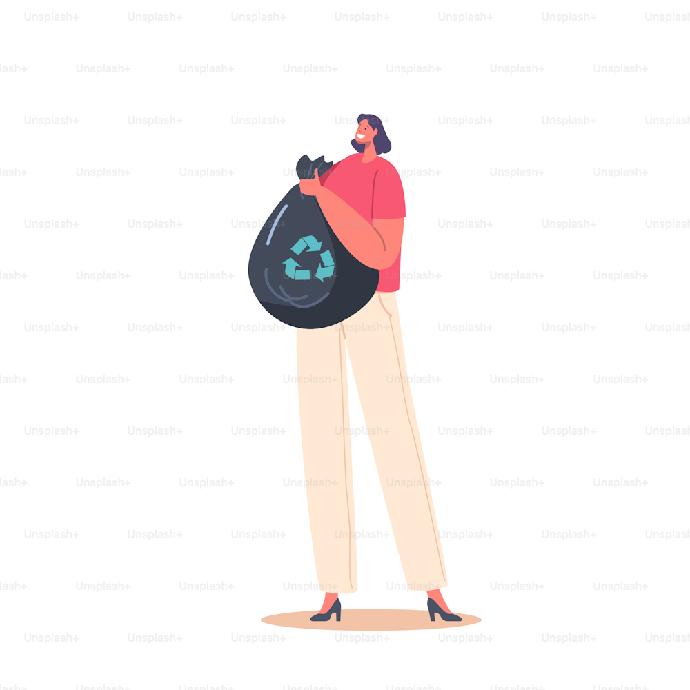 Weibliche Figur, die einen Müllsack mit Recycling-Symbol hält. Sortierung und Wiederverwendung von Abfällen Umweltökologisches Konzept isoliert auf weißem Hintergrund. Cartoon Menschen Vektor Illustration