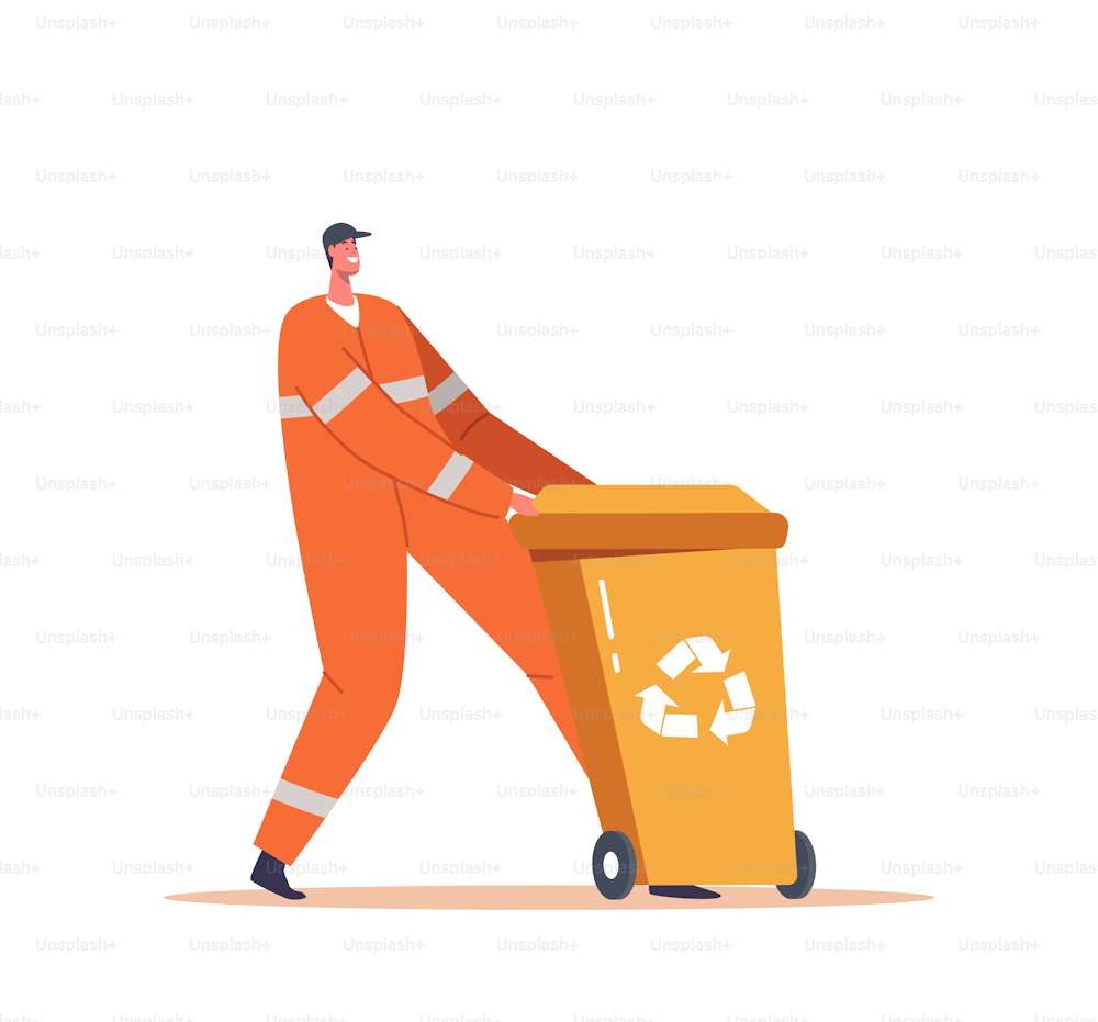 Waste Recycling, City Cleaning Service Work Process. Scavengers in Uniform Pull Litter Trash Bin. Employee Cleaning Garbage and Rubbish into Recycling Bin on Street. Cartoon Vector Illustration