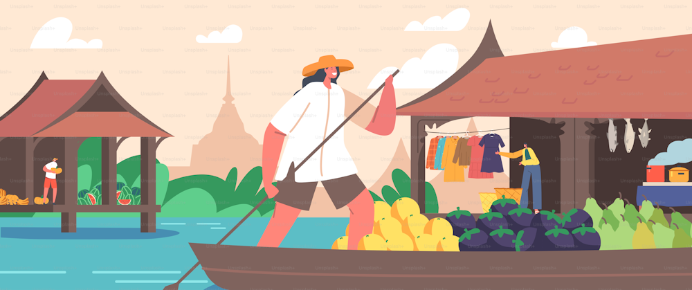 Saleswoman Character Wear Straw Hat on Boat with Paddle Sell and Buy Goods Float by River. Traditional Trading in Asian Country. Floating Market in Thailand Concept. Cartoon People Vector Illustration