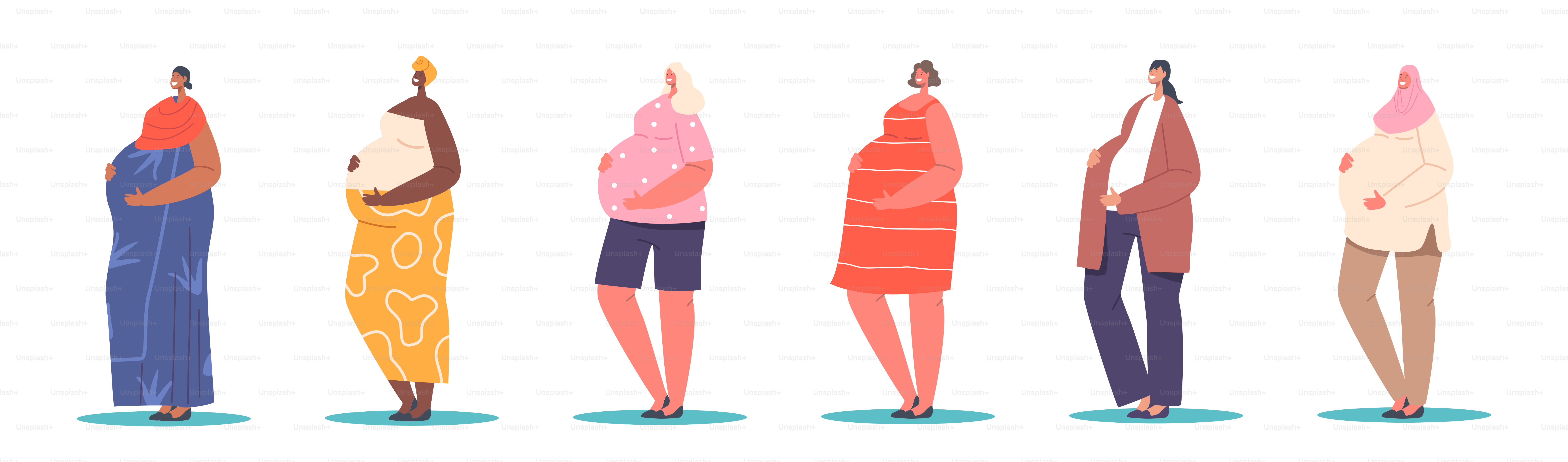 Multinational Pregnant Girls, Women Pregnancy and Motherhood. Diverse Mothers with Big Belly Isolated on White Background. Female Characters Prepare for Maternity. Cartoon People Vector Illustration