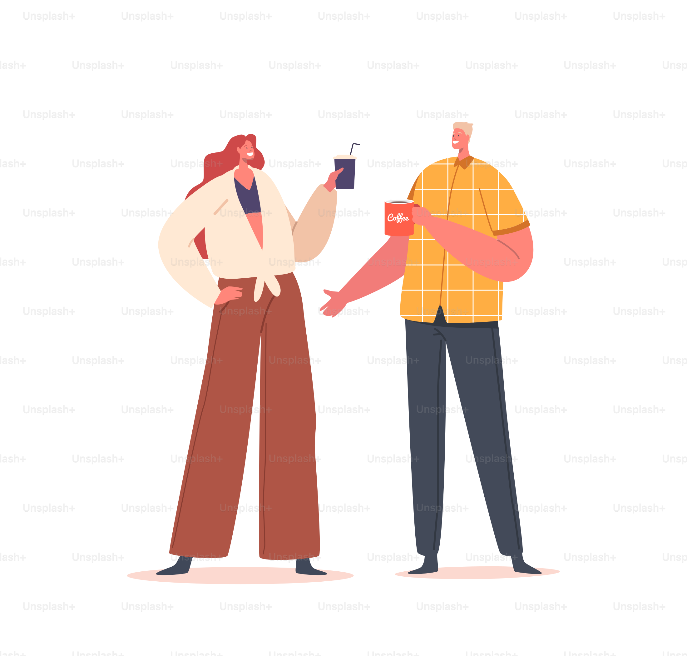 Coffee Break, Lunch Time In Office Concept. People Talking And Drinking Coffee. Male and Female Characters Friends or Colleagues With Cups Isolated On White Background. Cartoon Vector Illustration