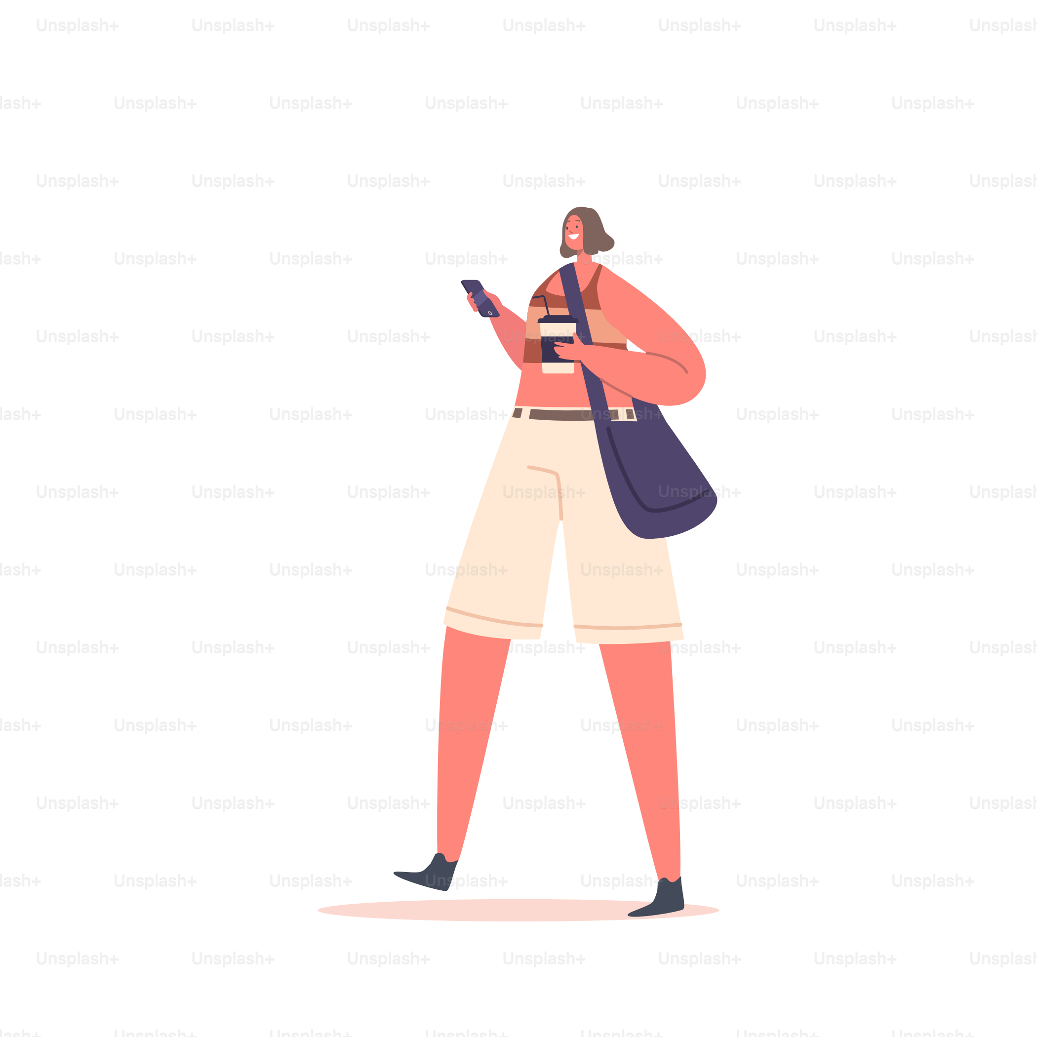 Joven camina con taza de café y smartphone en las manos. Personaje femenino moderno Morning Refresh, chica disfrutando de una bebida sabrosa aislada sobre fondo blanco. Ilustración vectorial de personas de dibujos animados