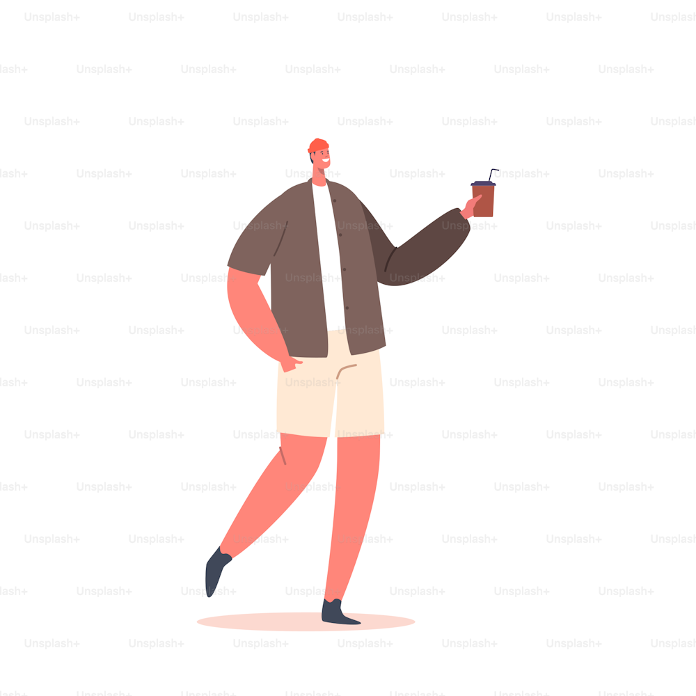 Giovane uomo in vestiti hipster cammina con la tazza di caffè in mano. Moderno personaggio maschile rilassante, rinfresco mattutino, godendo di bevande calde isolate su sfondo bianco. Illustrazione vettoriale delle persone del fumetto