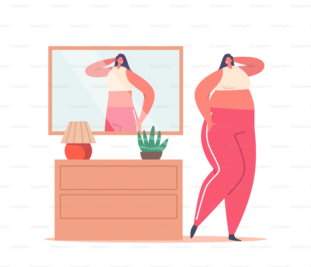 Female Character with Eating Disorder, High Self-esteem Concept. Fat Woman With Distorted Inadequate Perception Looking In Mirror see herself Slim, Dysmorphophobia Problem. Cartoon Vector Illustration