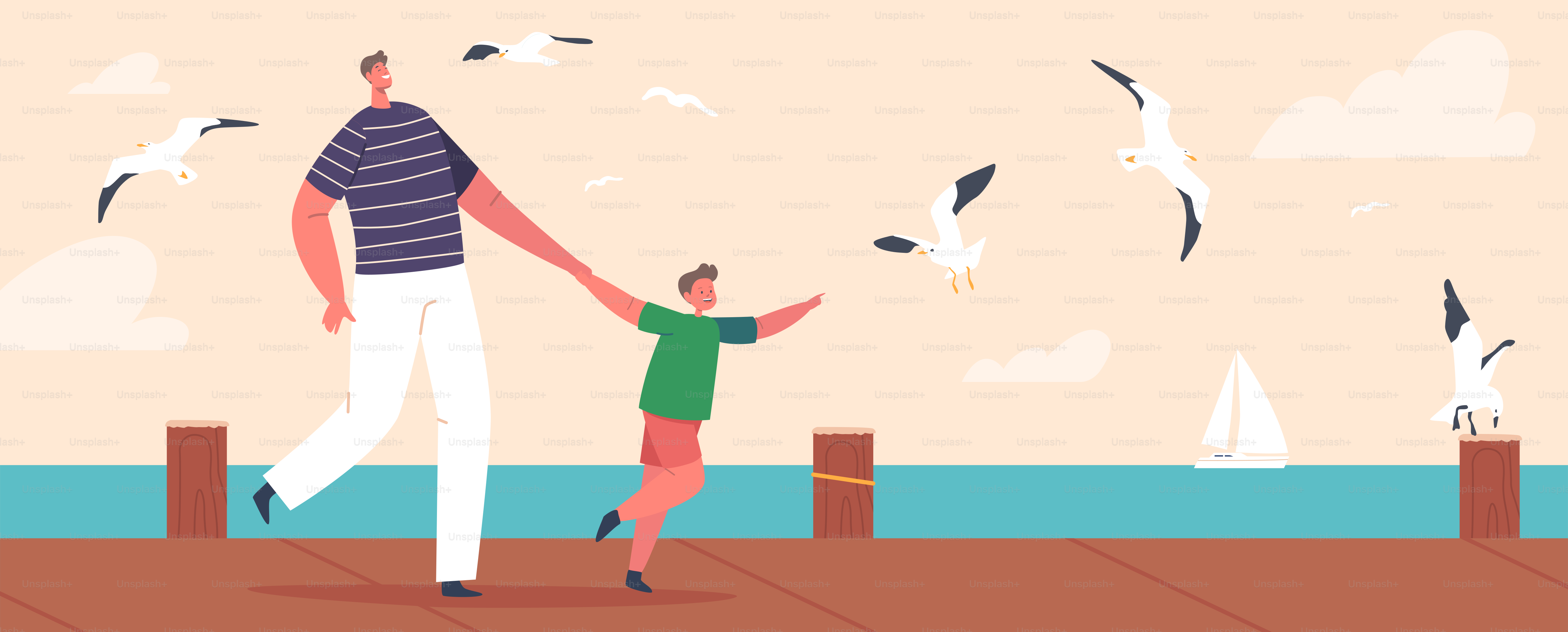 Young Father and Son Walk along Wooden Pier or Embankment with Seaview. Boy and Man Happy Family Characters Spare Time Walking at Quay, Weekend Recreation on Resort. Cartoon People Vector Illustration