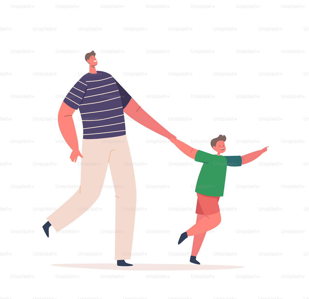 Father Walk with Son Isolated on White Background. Child Holding Dad Hand, Happy Family Characters Spend Time Together, Activity, Outdoors Walking and Communicate. Cartoon People Vector Illustration