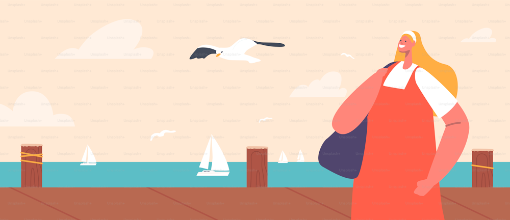 Feliz personaje femenino Camina a lo largo de Embankment con vista al mar con yates flotantes y gaviotas voladoras. Mujer alegre pasar tiempo al aire libre los fines de semana, relajarse en el muelle de madera. Ilustración vectorial de Cartoon People