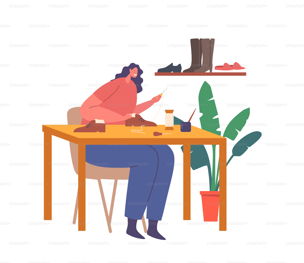 Une femme cordonnière avec poinçon assise sur le lieu de travail crée des chaussures faites à la main. Cordonnier Artisan Fabrication de chaussures de caractère à l’aide d’équipements et d’outils spéciaux, artisanat. Illustration vectorielle de personnes de dessins animés