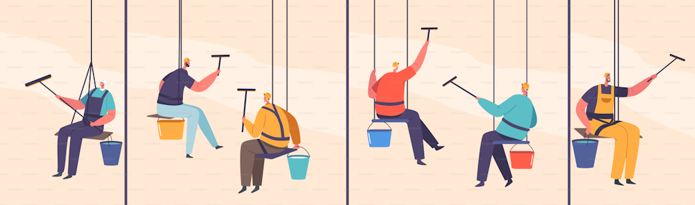 Window Washers Male Characters in Uniform with Equipment Cleaning Huge Building Glasses. Professional Cleaners Service Work, People Hang on Ropes Mopping Facade Panes. Cartoon Vector Illustration