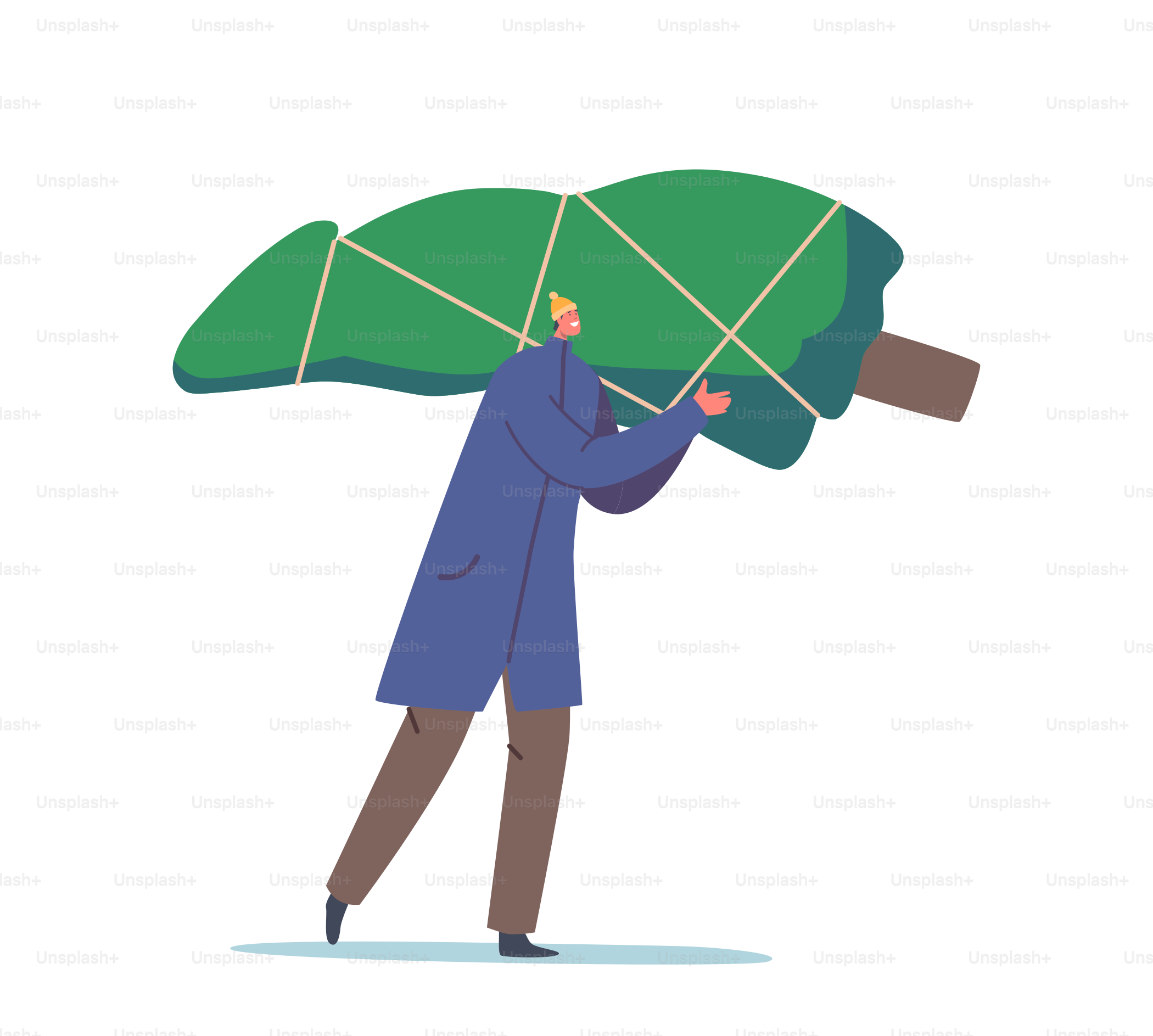 Male Character in Festive Mood Walking with Spruce on Shoulder. Happy Man in Winter Clothes Carry Fir Tree. People Rush to Christmas Sale. New Year Holidays Preparation. Cartoon Vector Illustration