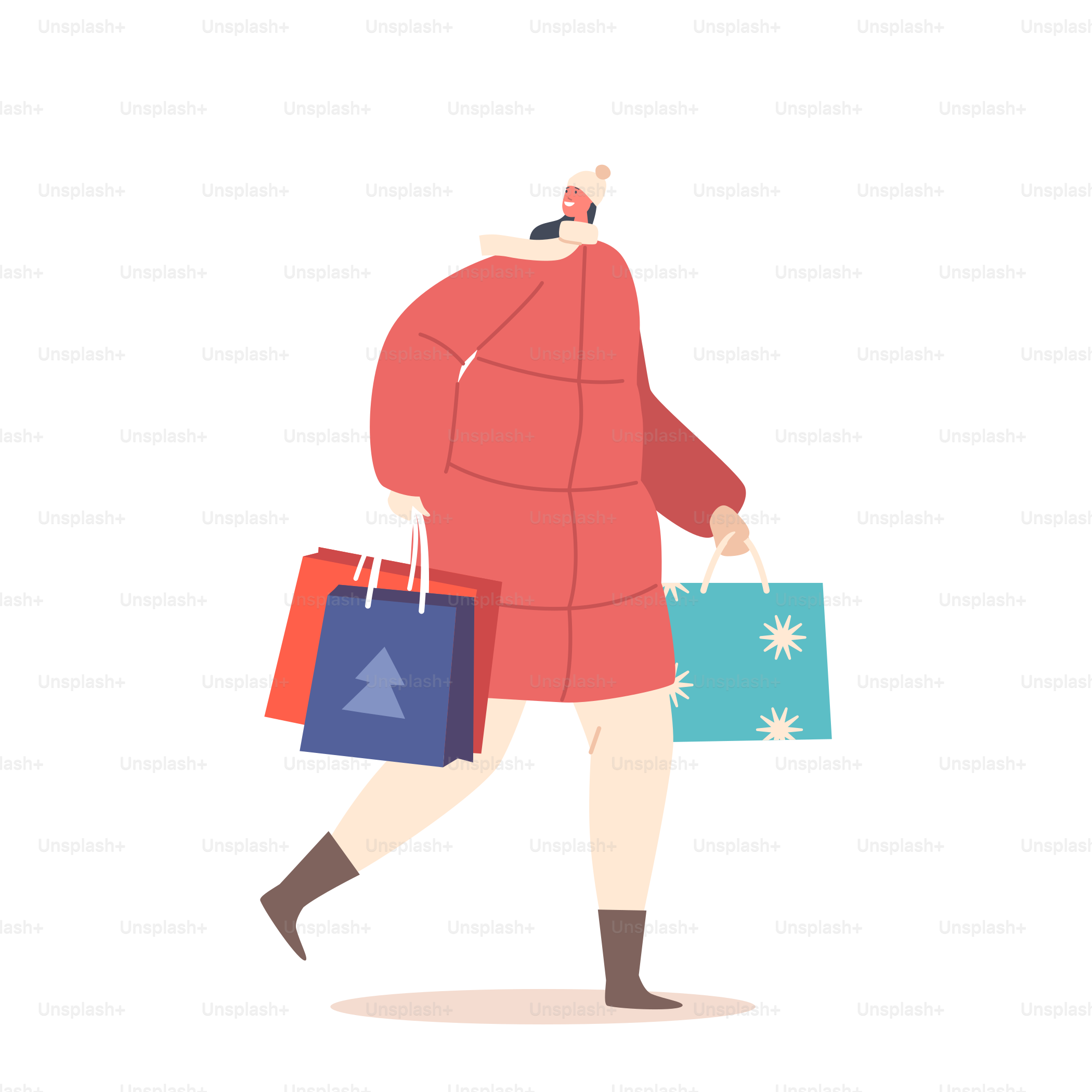 Un personnage féminin heureux porte des sacs cadeaux. Femme avec de gros paquets cadeaux emballés. Evénement festif et fête des fêtes d’hiver, surprise de Noël isolée sur fond blanc. Illustration vectorielle de bande dessinée